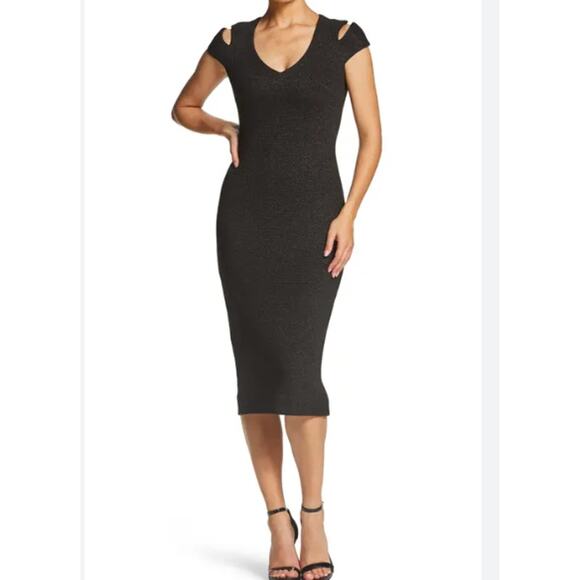 Dress the Population Bryce Midi Stretch Knit Black Metallic Dress Glam Curvy - Picture 1 of 11